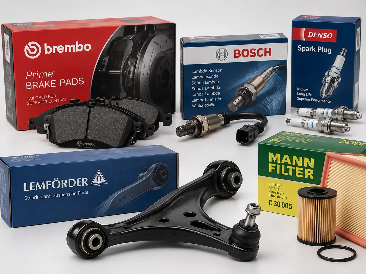Примеры aftermarket-деталей и брендов аналогов: Brembo, Bosch, Denso, Lemforder, Mann Filter